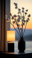 Cotton branches in black ceramic vase next to glowing table lamp create cozy atmosphere against sunset window view, modern minimalist home decor styling.