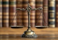 Antique brass scales of justice with balanced pans against blurred law library background, symbolizing legal system and judicial proceedings.
