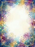 Festive fireworks frame with golden borders, colorful explosions, and sparkles on gradient background, ideal for celebration invitations and event designs.
