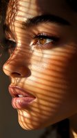 Close-up profile portrait with dramatic window blind shadows creating stripes across glowing skin, amber eye, and glossy lips in warm golden lighting.