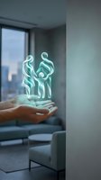 Hand holding glowing holographic family figures in modern living room representing protection, care and insurance concepts for financial planning.
