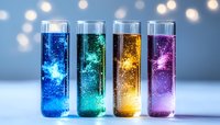 Four glass test tubes filled with colorful glittery liquids in blue, teal, gold and purple against bokeh lights background for science experiments and laboratory research.