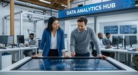 Professional Asian woman and Caucasian man analyzing data on interactive display in modern analytics center with team working on computers in background.