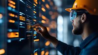 Caucasian male engineer in hardhat analyzing data on transparent digital display with orange interface elements in dark server room environment.