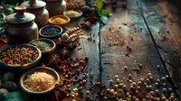 Aromatic spices and seasonings in rustic bowls on dark wooden background with scattered peppercorns, star anise and dried chili peppers creating culinary atmosphere.