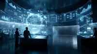 Futuristic command center with holographic Earth display and data screens for cybersecurity monitoring and global network analysis operations.