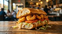 Gourmet fried chicken sandwich with crispy onion rings and fresh lettuce on artisan bun served in trendy restaurant setting for food marketing.