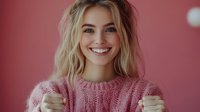 Young Caucasian woman with blonde hair wearing pink knitted sweater showing excited expression with clenched fists against pink background. Positive emotional portrait.