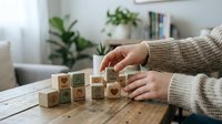 Person arranging wooden blocks with symbols on rustic table in bright modern living room with plants and books for mindfulness practice and organization.