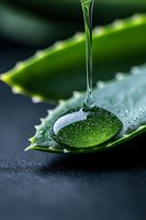 Clear liquid drop falling onto aloe vera leaf with water droplet, macro photography showing natural moisturizing and healing properties in cosmetic skincare.