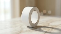 White adhesive tape roll on wooden surface with soft natural lighting and blurred background for office supplies and packaging materials.