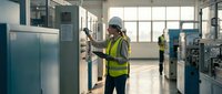 African American male engineer in safety vest operating industrial control panel in modern manufacturing facility for quality assurance and production monitoring.