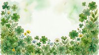 Watercolor green clover and wildflower border frame with copy space, soft botanical illustration for St. Patricks Day cards and spring designs.