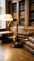 Brass scales of justice on wooden desk with law books and banker lamp in traditional law office library setting for legal services and attorney concepts.