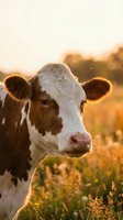 Young Holstein dairy cow calf portrait in golden sunset light on pasture farm field for agriculture and livestock farming concepts.