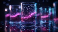 Glowing pink energy wave flows through glass of water against dark background with bokeh lights, creating magical luminescent effect for spiritual concepts.