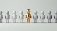 Golden figure standing out among white figures representing leadership, uniqueness and individual success in business team concept.