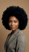 Professional African American businesswoman with natural afro hairstyle wearing beige blazer against neutral background for corporate branding.