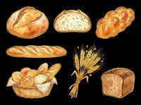 Freshly baked bread collection featuring artisan loaves, croissants, baguettes, wheat sheaves and rolls isolated on transparent background. Ready for bakery designs, menus, t-shirts and print-on-demand products.