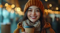 Young Asian woman in winter attire smiling warmly while holding coffee cup, with soft bokeh lights creating cozy evening atmosphere. Natural lifestyle portrait captures genuine happiness.