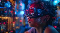 Young African American woman wearing futuristic red LED glasses in neon-lit urban environment with bokeh lights and reflections creating cyberpunk atmosphere.