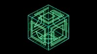 Futuristic green neon geometric cube with intricate wireframe structure on black background for technology and sci-fi design projects.