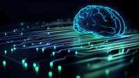 Glowing blue brain hologram with digital circuit paths and neural connections on dark background, representing artificial intelligence and machine learning.