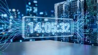 Digital countdown timer displaying numbers 14:05:32 with glowing blue circuit board patterns and futuristic technology elements for tech presentations.