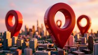 Red location pins floating above modern city skyline at sunset for navigation apps, GPS services, and urban mapping solutions.