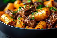 Braised beef rigatoni pasta in rich sauce garnished with fresh herbs, close up view of hearty Italian dinner served in black pan, selective focus.