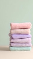 Stack of folded pastel towels in pink, purple, and mint green shades against light sage background, perfect for spa, bathroom, or wellness content.