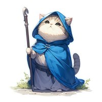 White fluffy cat wearing blue wizard robe and holding magical staff, standing on grass patch. Fantasy character concept art for gaming and children book illustration.