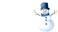 Cheerful snowman wearing blue hat and scarf with twig arms on white background, watercolor style winter holiday character for seasonal greeting cards and decor.