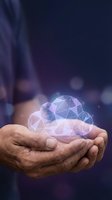 Hands holding glowing polygonal cloud computing symbol with network connections for digital transformation and data storage solutions.