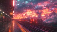 Futuristic subway station at sunset with glowing neon lights, floating orbs and ethereal sky. Dramatic pink and purple clouds create surreal atmosphere on empty platform.