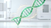 Green DNA double helix structure with glowing particles in modern laboratory background for genetic research and biotechnology applications.