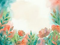 Watercolor floral background with coral flowers and green leaves, soft teal and blush tones, golden outlines, copy space for text.