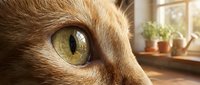 Close-up of a ginger cat's face with striking golden-yellow eyes and detailed fur texture, perfect for pet, animal, and feline-related design projects.