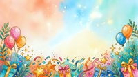 Watercolor celebration scene with colorful balloons, gift boxes, and festive foliage creating a joyful party background for greeting cards and event invitations.