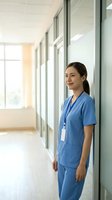 Asian female healthcare professional wearing blue medical scrubs and ID badge standing in modern hospital corridor with glass partitions and natural light from windows, suitable for healthcare, medical, nursing, and hospital industry content.