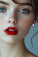 Close-up portrait of young Caucasian woman with blue eyes, red lipstick and natural makeup. Fashion beauty concept for cosmetics and skincare advertising.