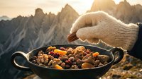Hiker in cream knit gloves holding cast iron pan with roasted vegetables and potatoes against dramatic mountain peaks at sunrise, outdoor camping meal.