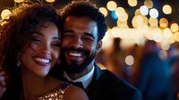Happy African American couple embracing at elegant evening event with warm bokeh lights creating romantic atmosphere for celebration or wedding.