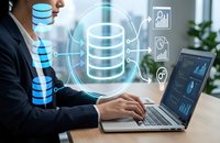 Professional businesswoman analyzing database management system with holographic data visualization icons while working on laptop in modern office environment.