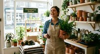 Young woman plant shop owner smiling while holding potted plant in bright greenhouse nursery with shelves of terracotta pots and green foliage for gardening business.