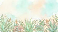 Soft watercolor succulent border with aloe vera and rosette plants in pastel mint, peach and pink tones with golden floral details.