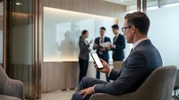 Professional businessman in suit using smartphone in modern office conference room with colleagues meeting in background.