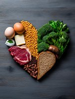 Heart-shaped arrangement of healthy protein-rich foods including raw beef steak, eggs, legumes, broccoli, bread and cheese on dark wooden background. Perfect for nutrition blogs.