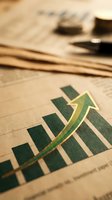 Green bar chart with upward arrow showing business growth and financial success on paper documents with coffee cup in background for presentations.