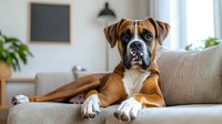 Young Boxer dog with expressive eyes relaxing on gray couch in modern living room interior with houseplants and natural lighting, showing alert expression.